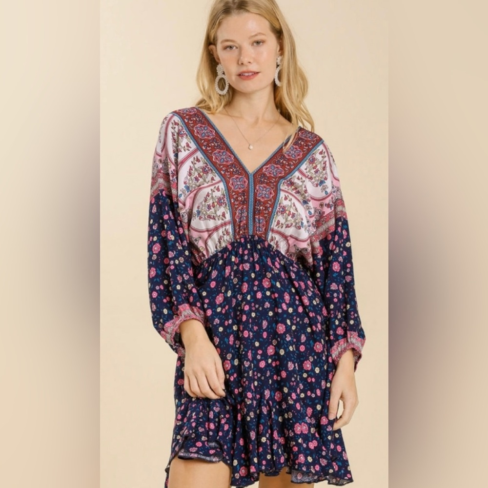 Analea Navy Blue Boho Border Print Dress